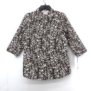 ALIA Shirt Womens Size 12 White Brown Floral 3/4 Sleeve Button Up Blouse Top
